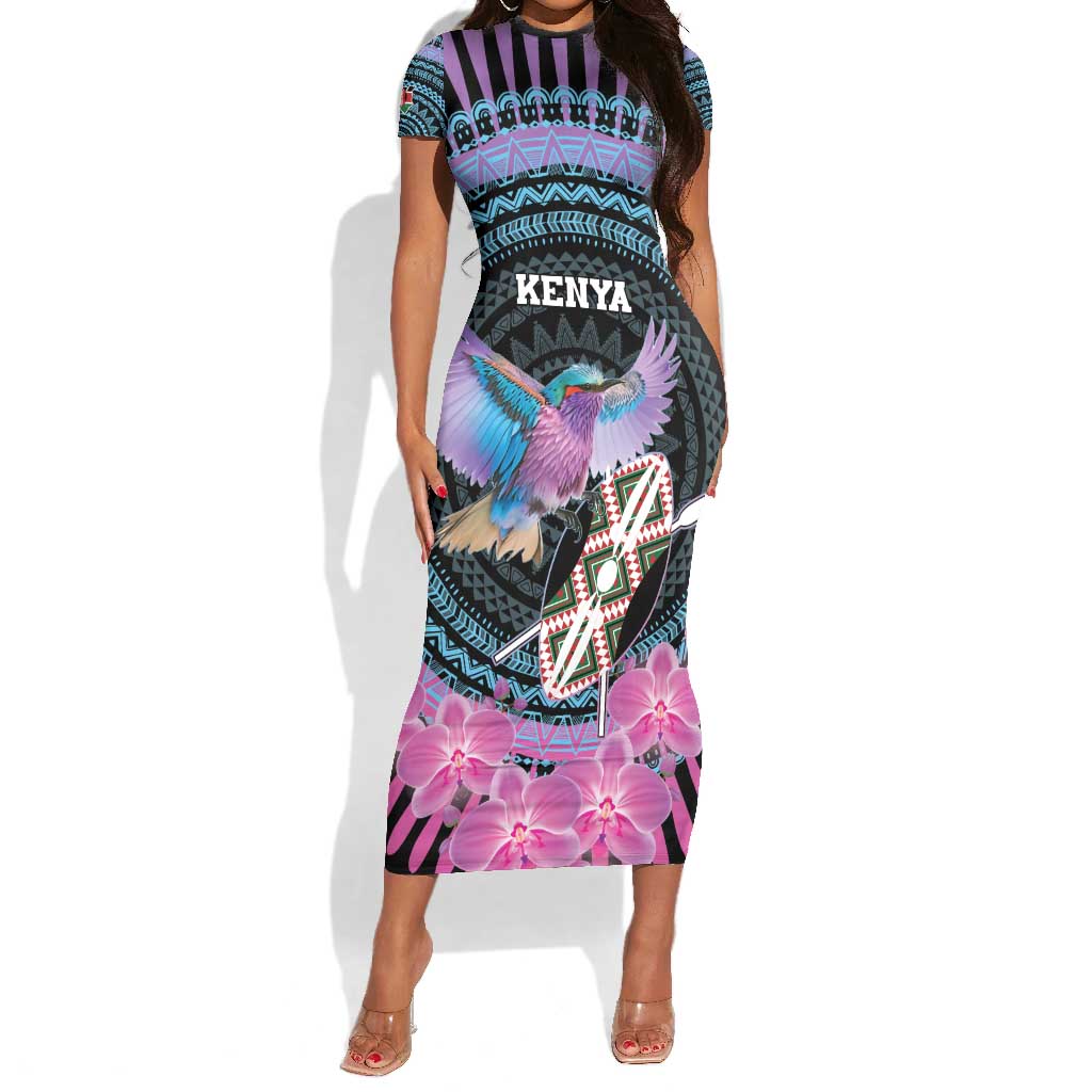 Personalised Kenya Lilac Breasted Roller Short Sleeve Bodycon Dress Orchid Flower - African Pattern LT15