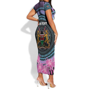 Personalised Kenya Lilac Breasted Roller Short Sleeve Bodycon Dress Orchid Flower - African Pattern LT15