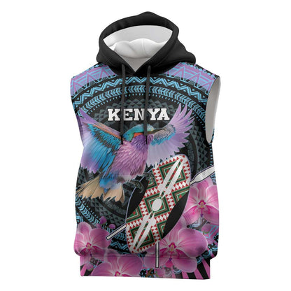 Personalised Kenya Lilac Breasted Roller Sleeveless Hoodie Orchid Flower - African Pattern - African Pride
