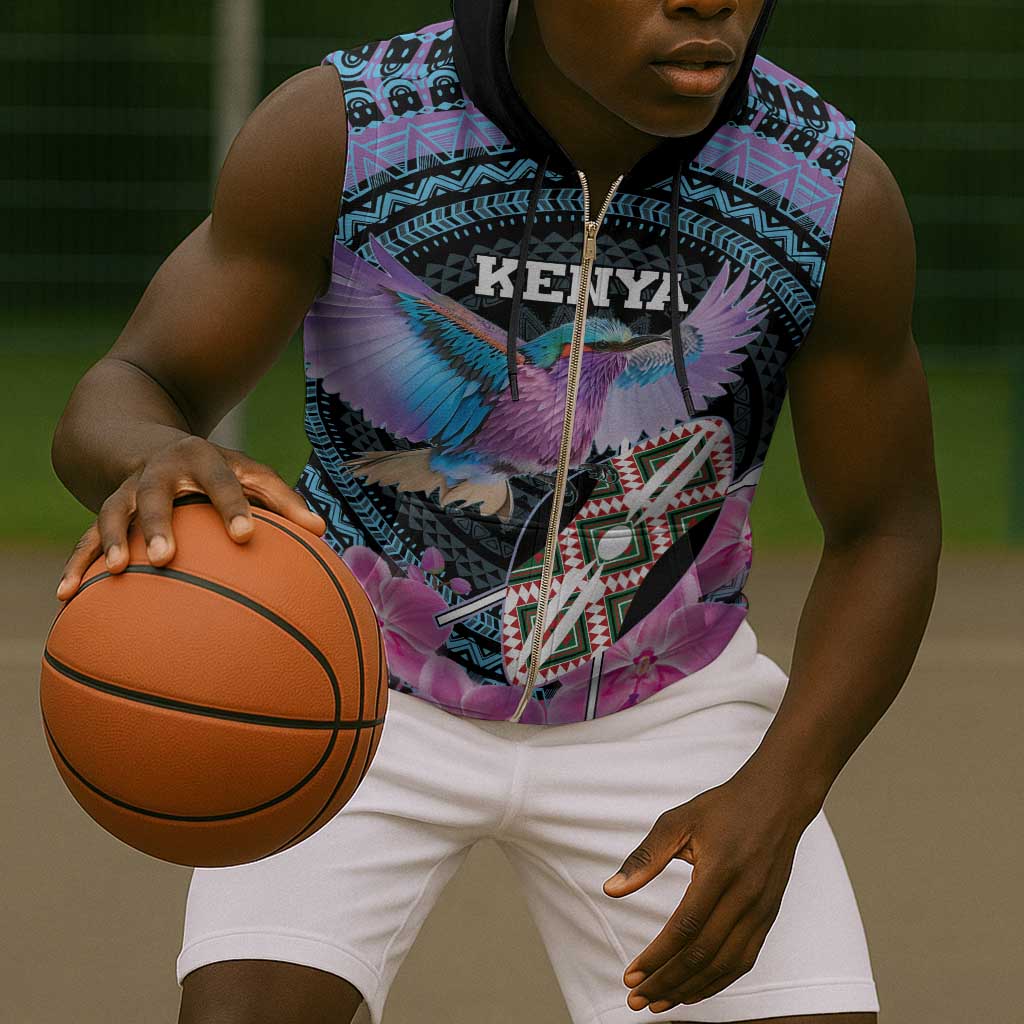 Personalised Kenya Lilac Breasted Roller Sleeveless Zip Hoodie Orchid Flower - African Pattern - African Pride