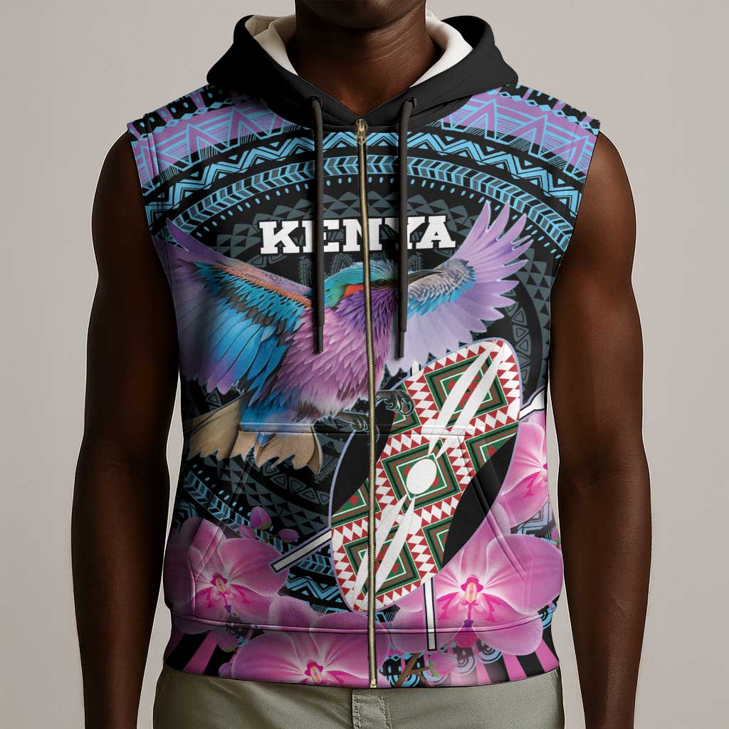 Personalised Kenya Lilac Breasted Roller Sleeveless Zip Hoodie Orchid Flower - African Pattern - African Pride