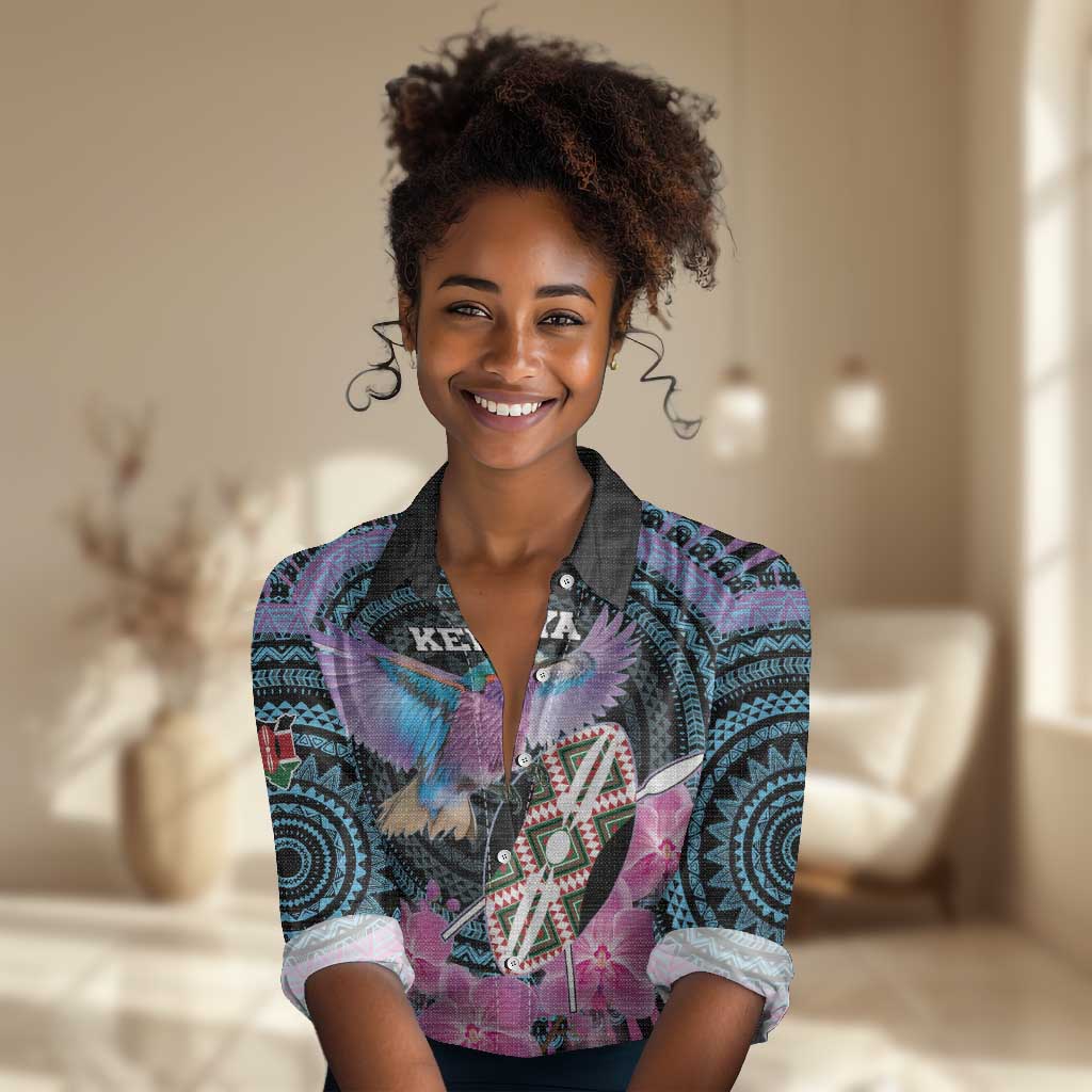Personalised Kenya Lilac Breasted Roller Women Casual Shirt Orchid Flower - African Pattern LT15