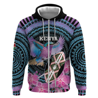 Personalised Kenya Lilac Breasted Roller Zip Hoodie Orchid Flower - African Pattern