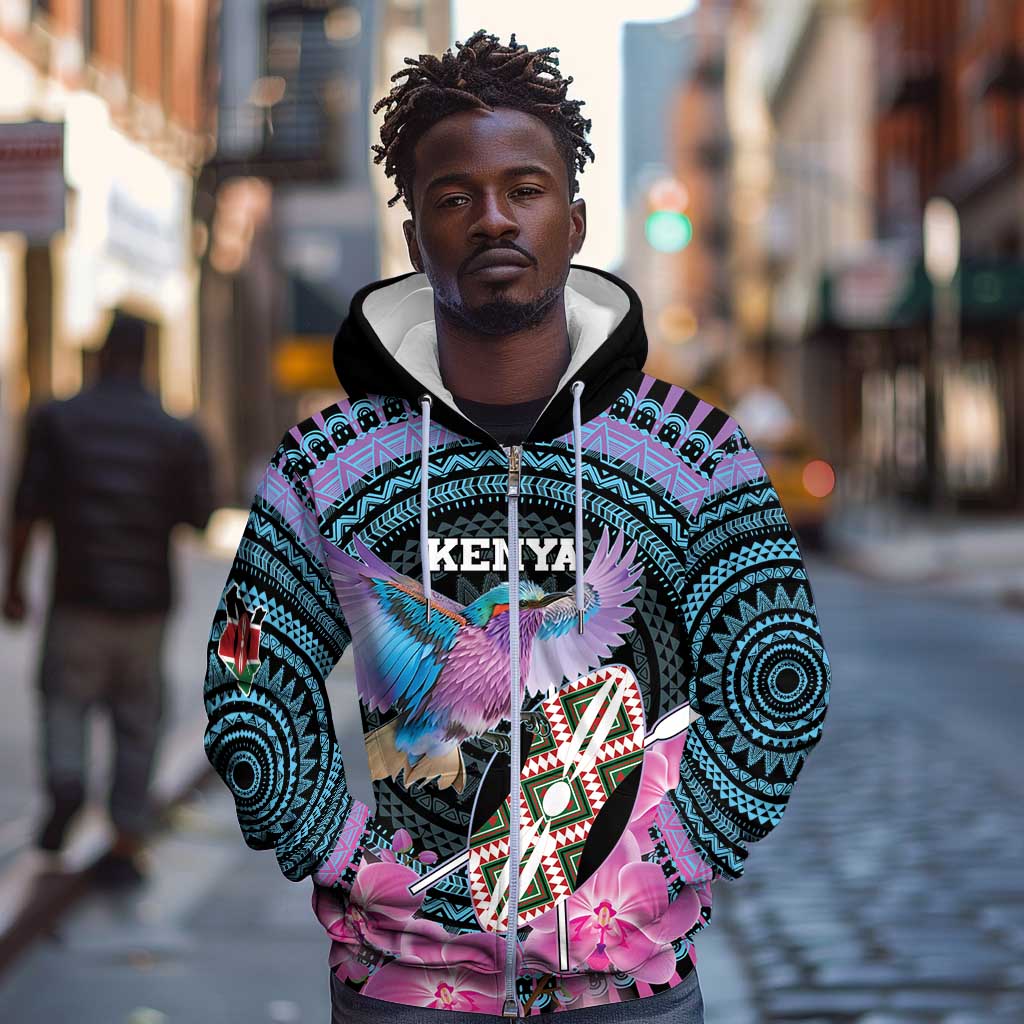 Personalised Kenya Lilac Breasted Roller Zip Hoodie Orchid Flower - African Pattern