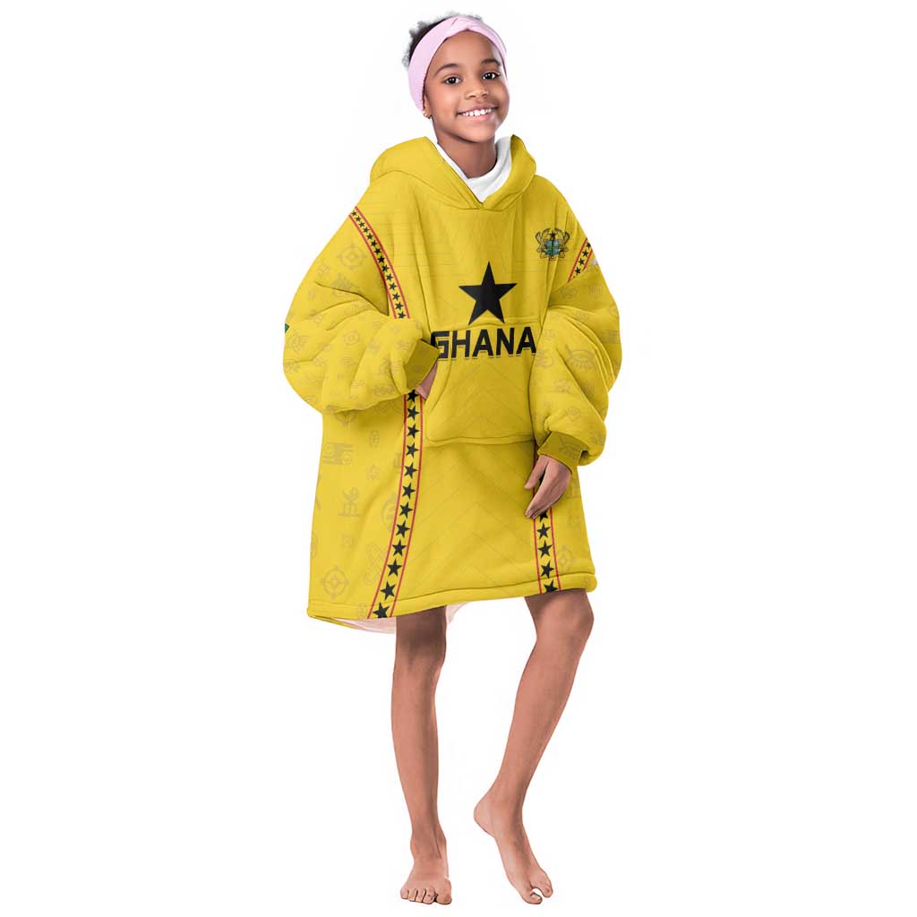 Custom Ghana Football Kid Wearable Blanket Hoodie Mix Adinkra Pattern