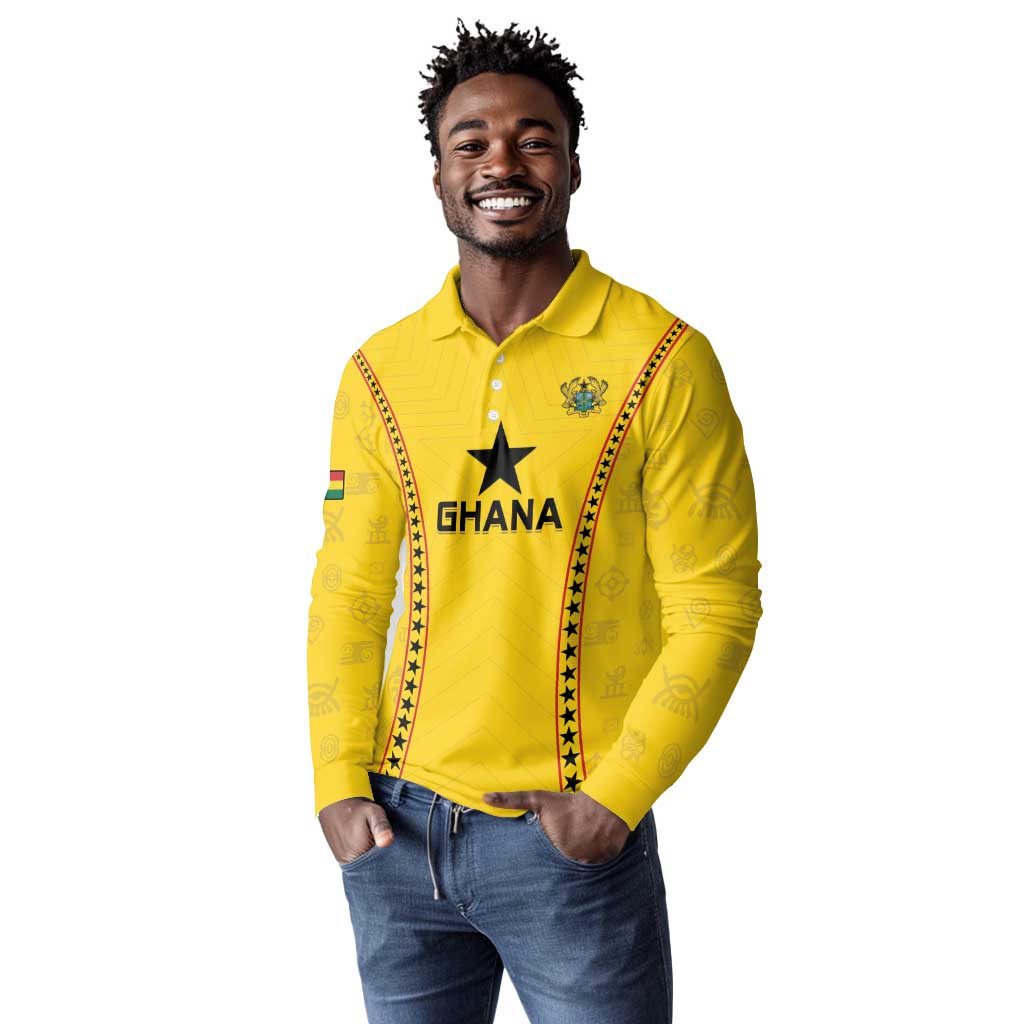 Custom Ghana Football Long Sleeve Polo Shirt Mix Adinkra Pattern
