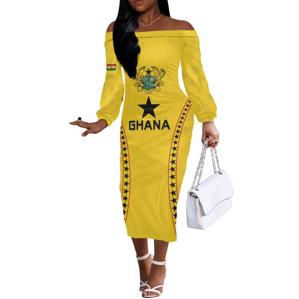 Custom Ghana Football Off The Shoulder Long Sleeve Dress Mix Adinkra Pattern