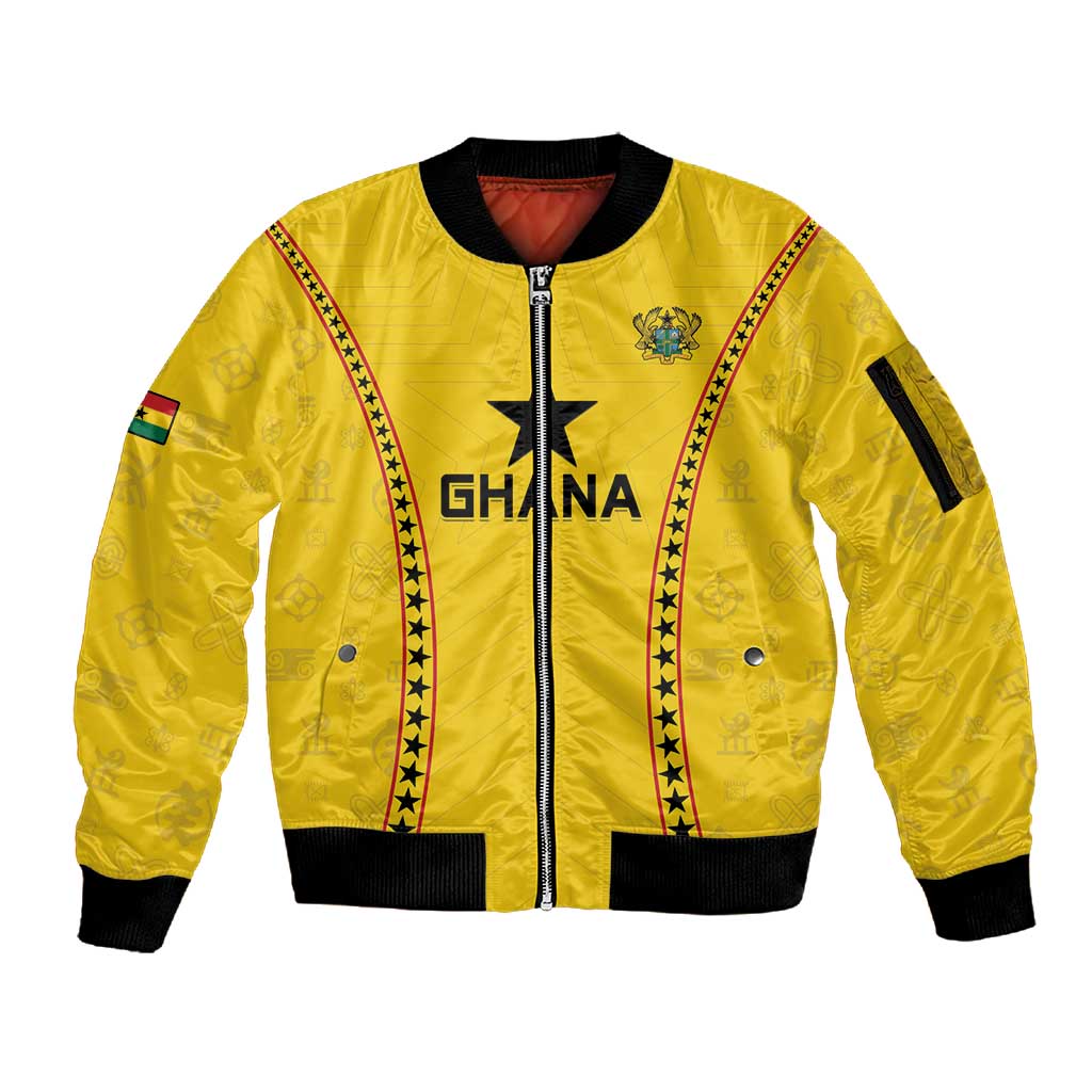 Custom Ghana Football Sleeve Zip Bomber Jacket Mix Adinkra Pattern