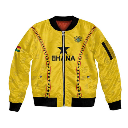 Custom Ghana Football Sleeve Zip Bomber Jacket Mix Adinkra Pattern