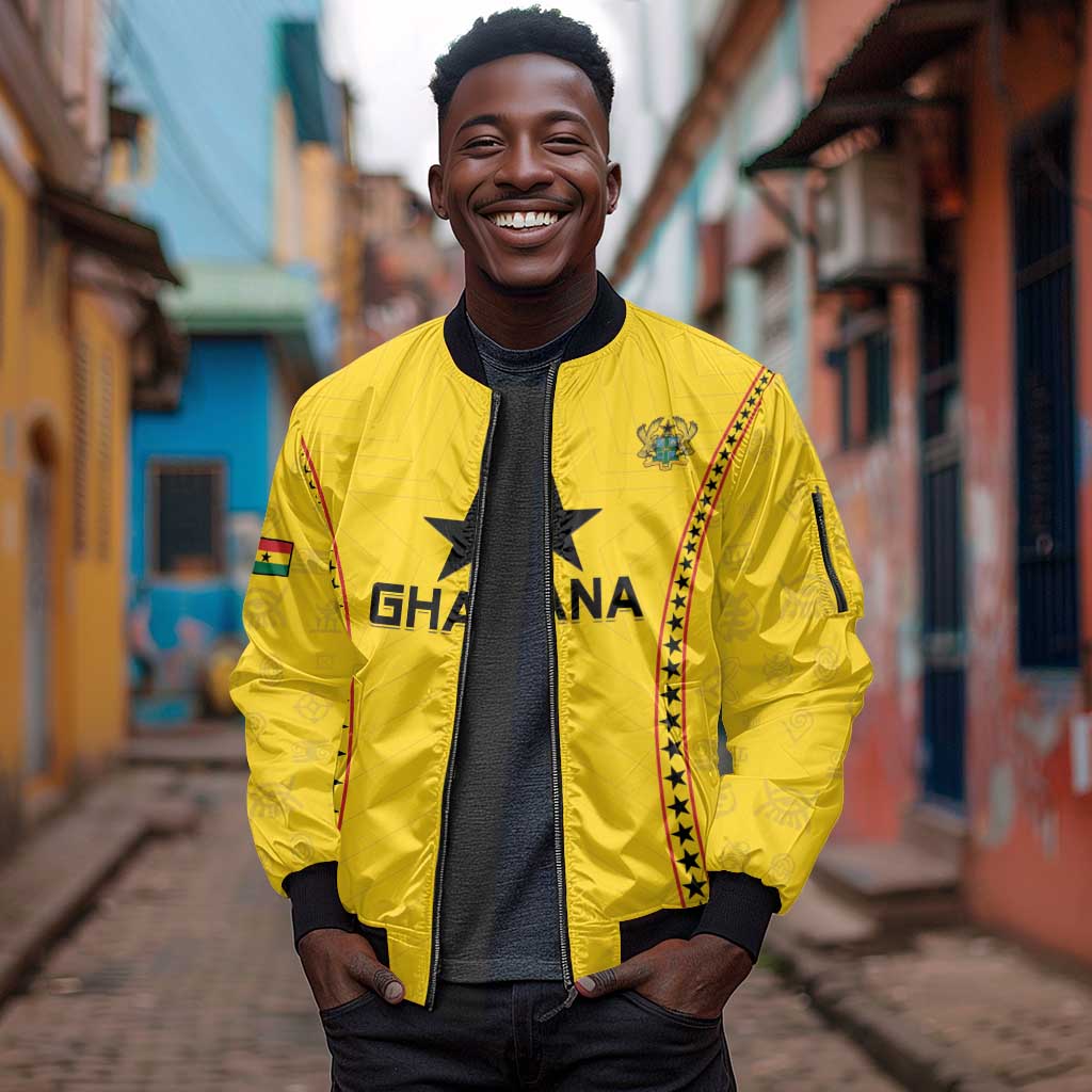 Custom Ghana Football Sleeve Zip Bomber Jacket Mix Adinkra Pattern