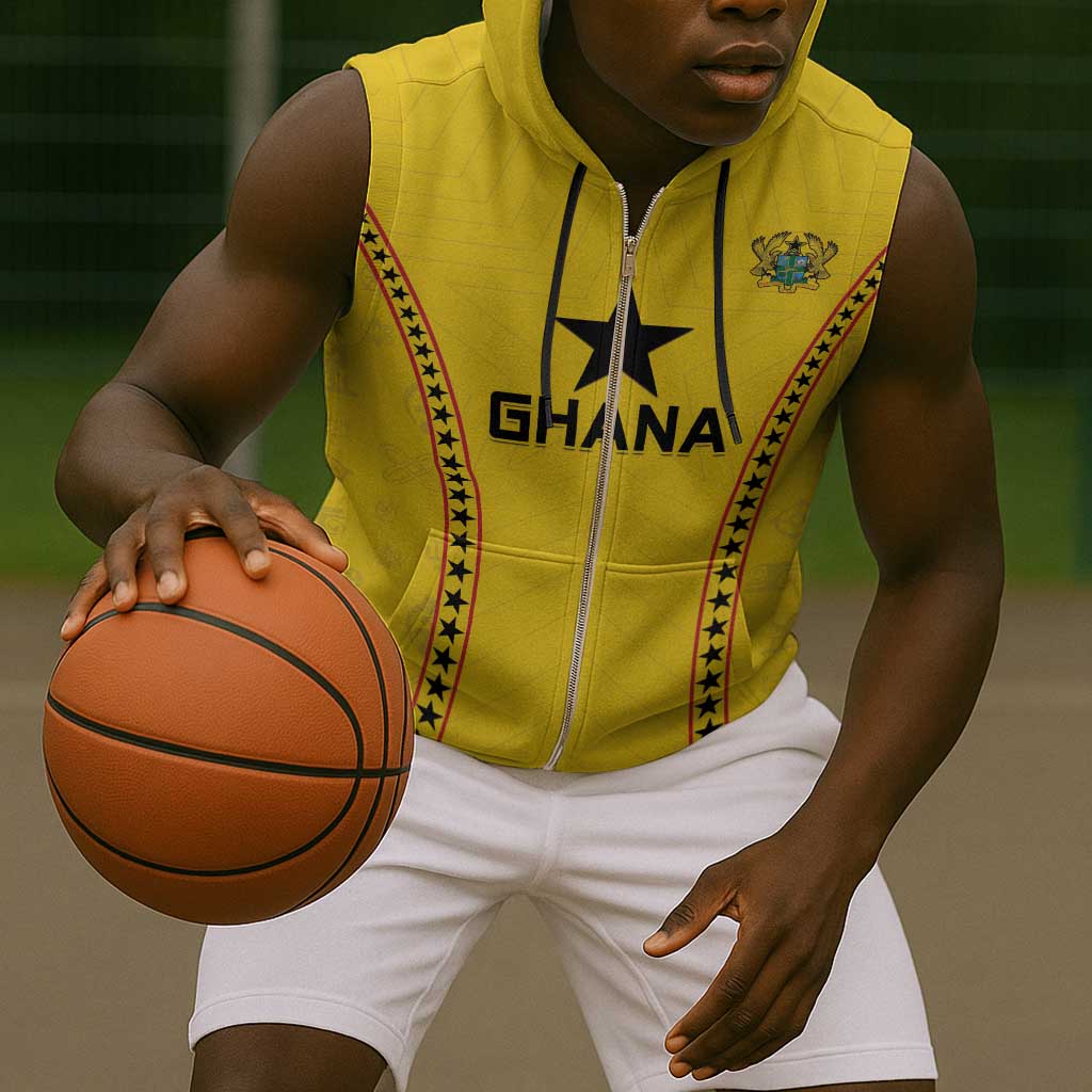 Custom Ghana Football Sleeveless Zip Hoodie Mix Adinkra Pattern - African Pride