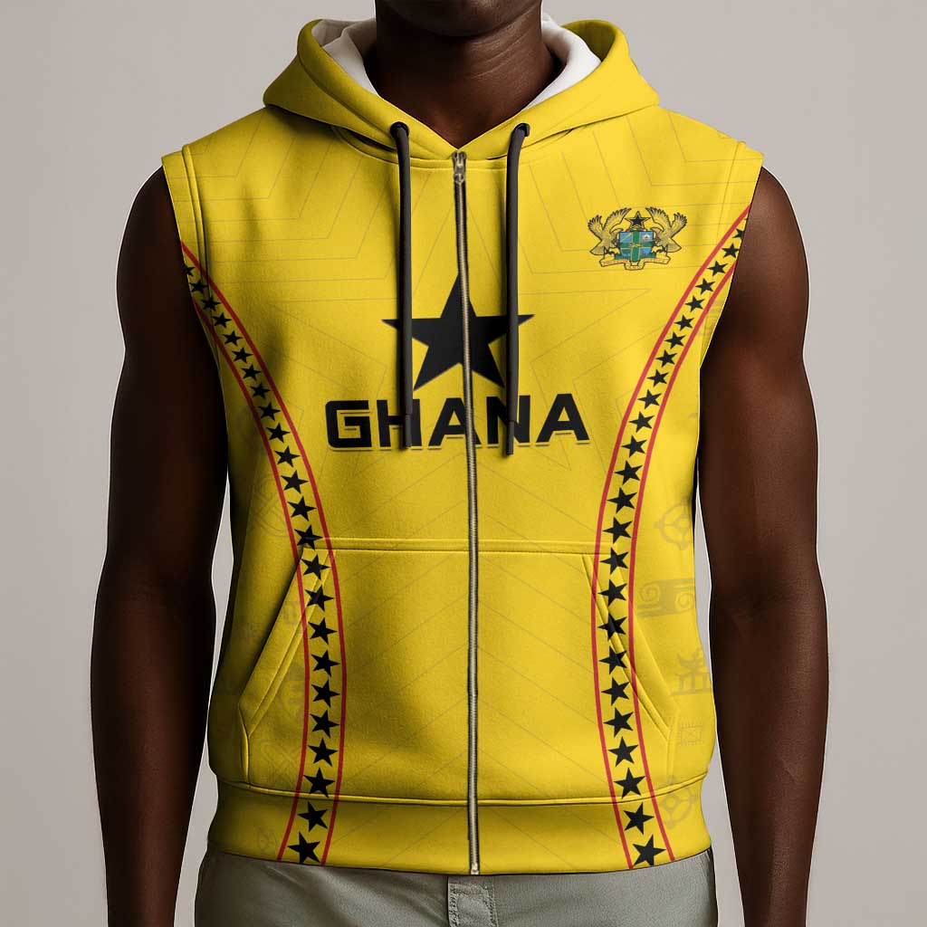 Custom Ghana Football Sleeveless Zip Hoodie Mix Adinkra Pattern - African Pride
