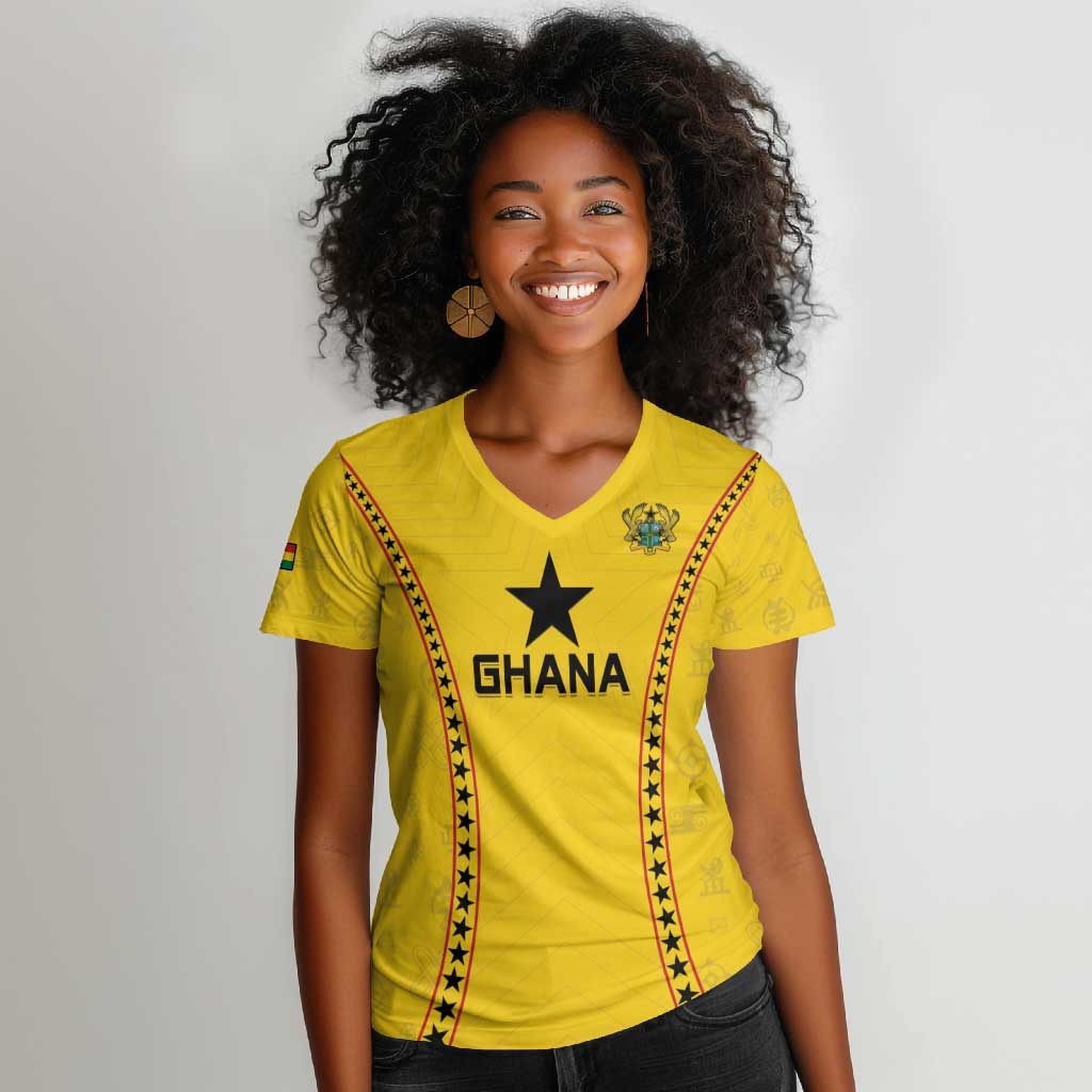 Custom Ghana Football Women V-Neck T-Shirt Mix Adinkra Pattern