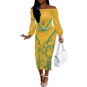 Custom Afro South Africa Soccer Off The Shoulder Long Sleeve Dress Go Champions