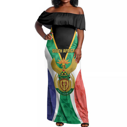 Personalised South Africa Off Shoulder Maxi Dress Coat Of Arms Flag Style