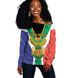 Personalised South Africa Off Shoulder Sweater Coat Of Arms Flag Style