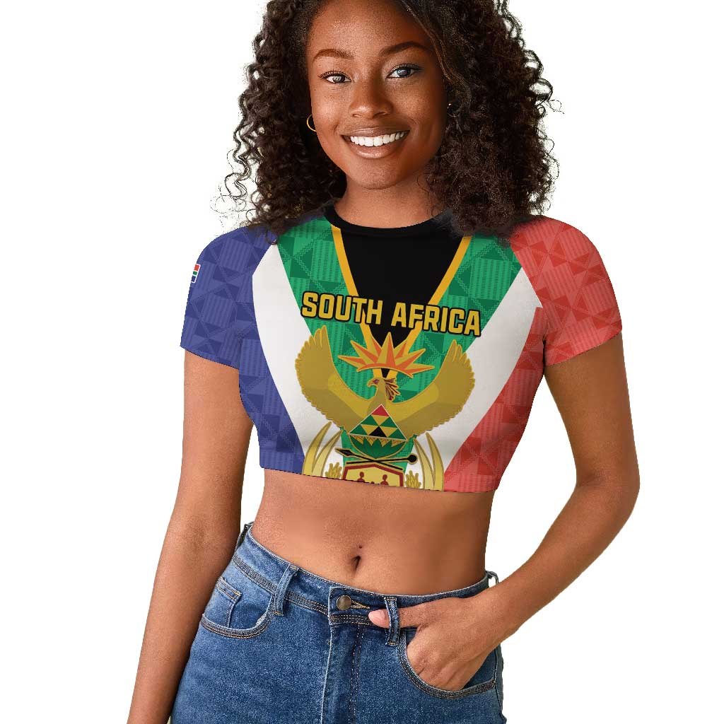 Personalised South Africa Raglan Cropped T shirt Coat Of Arms Flag Style