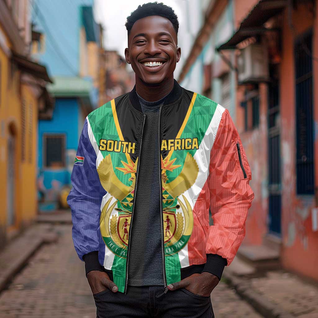 Personalised South Africa Sleeve Zip Bomber Jacket Coat Of Arms Flag Style