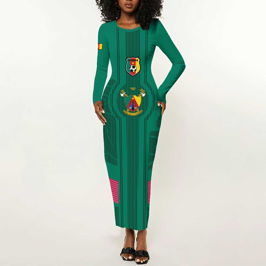 Custom Cameroun Football Long Sleeve Bodycon Dress Allez les Lions LT15