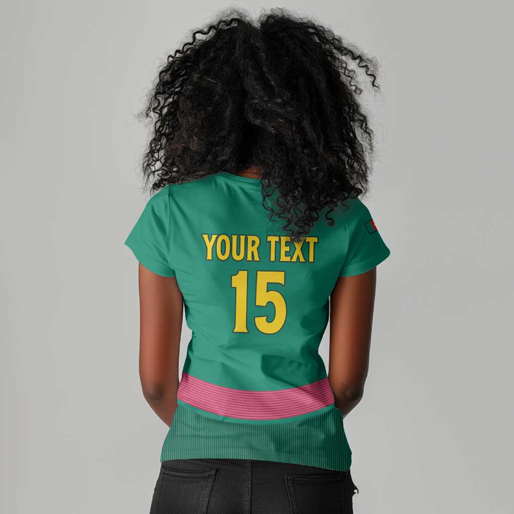 Custom Cameroun Football Women V-Neck T-Shirt Allez les Lions