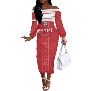 Egyptian Football Custom Off The Shoulder Long Sleeve Dress Yalla Masr - Red Ver