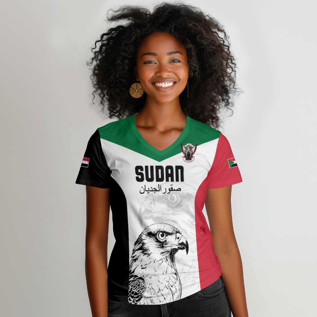 Custom Sudan Football Women V-Neck T-Shirt Yalla Sudan
