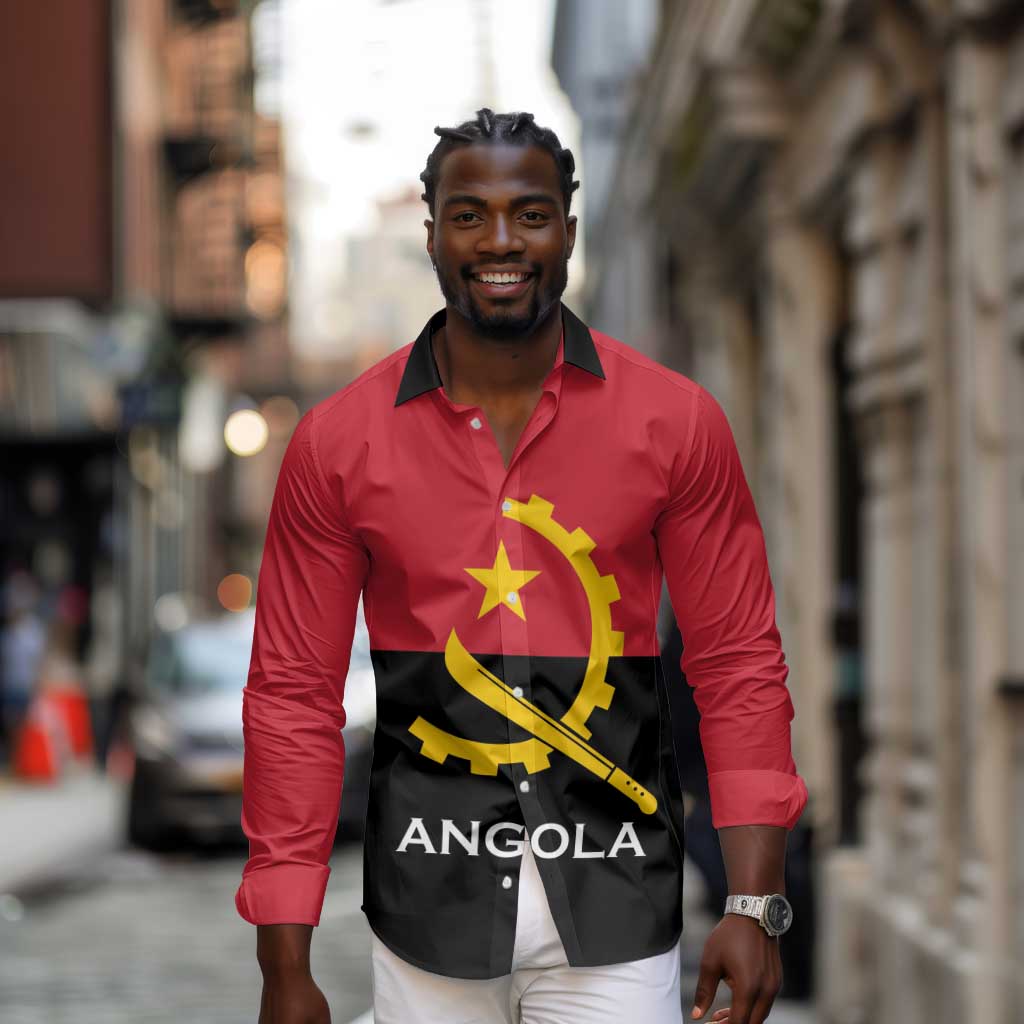 Angola Country Flag Stylized Long Sleeve Button Shirt