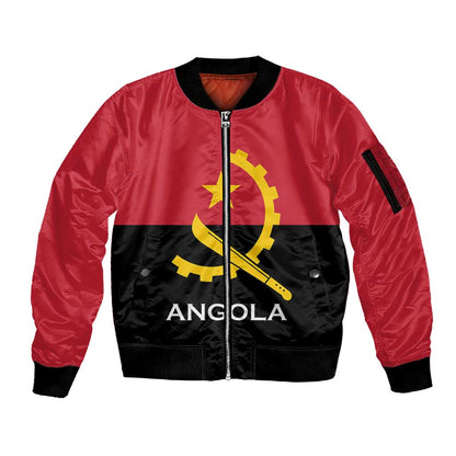 Angola Country Flag Stylized Sleeve Zip Bomber Jacket