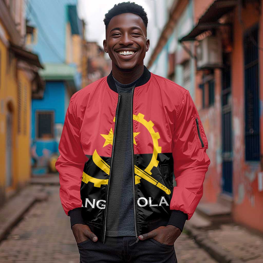 Angola Country Flag Stylized Sleeve Zip Bomber Jacket