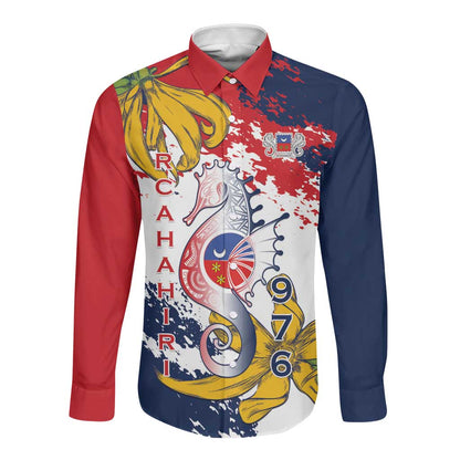 Département de Mayotte Long Sleeve Button Shirt Ra Hachiri 976 Map With Ylang Ylang