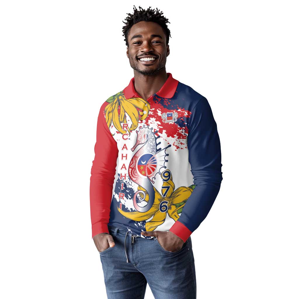 Département de Mayotte Long Sleeve Polo Shirt Ra Hachiri 976 Map With Ylang Ylang