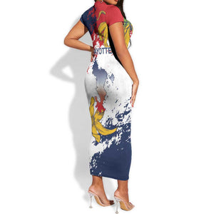 Département de Mayotte Short Sleeve Bodycon Dress Ra Hachiri 976 Map With Ylang Ylang LT15