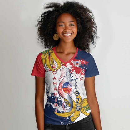 Département de Mayotte Women V-Neck T-Shirt Ra Hachiri 976 Map With Ylang Ylang