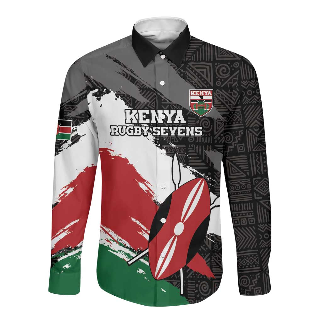 Custom Afro Kenya Long Sleeve Button Shirt Rugby Sevens - African Pattern