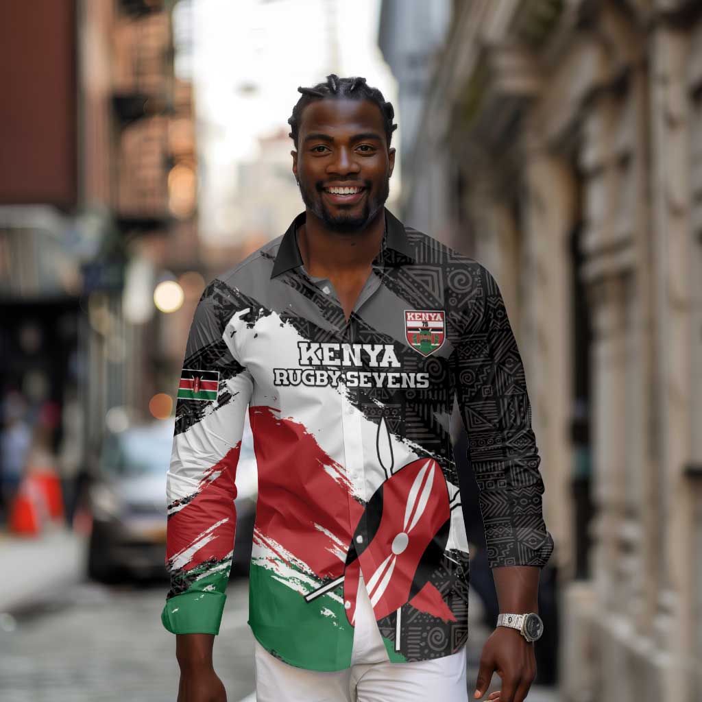Custom Afro Kenya Long Sleeve Button Shirt Rugby Sevens - African Pattern