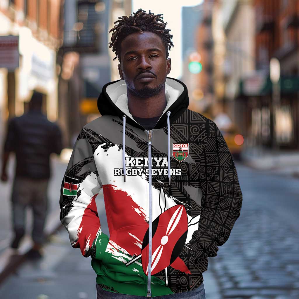 Custom Afro Kenya Zip Hoodie Rugby Sevens - African Pattern