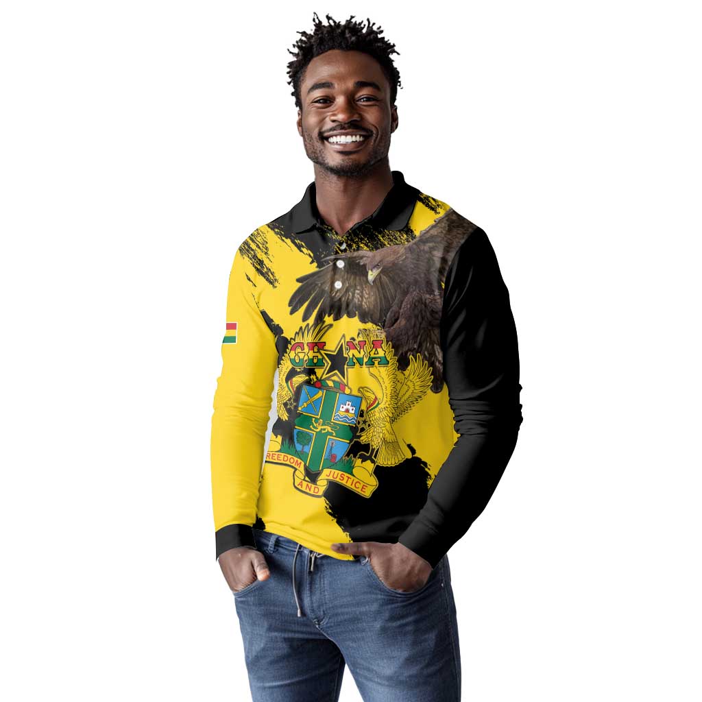 Afro Ghana Long Sleeve Polo Shirt Eagle With Coat Of Arms