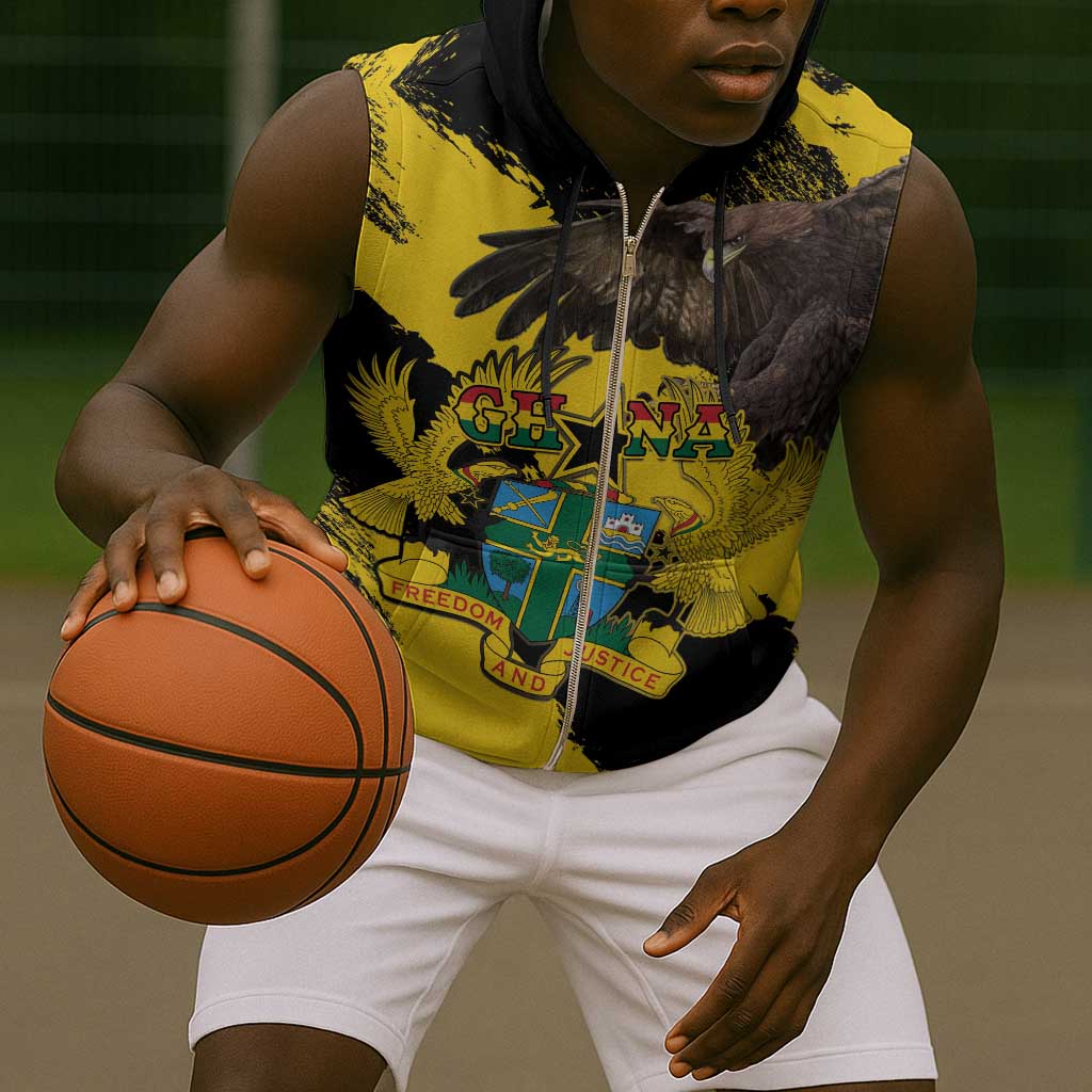 Afro Ghana Sleeveless Zip Hoodie Eagle With Coat Of Arms - African Pride