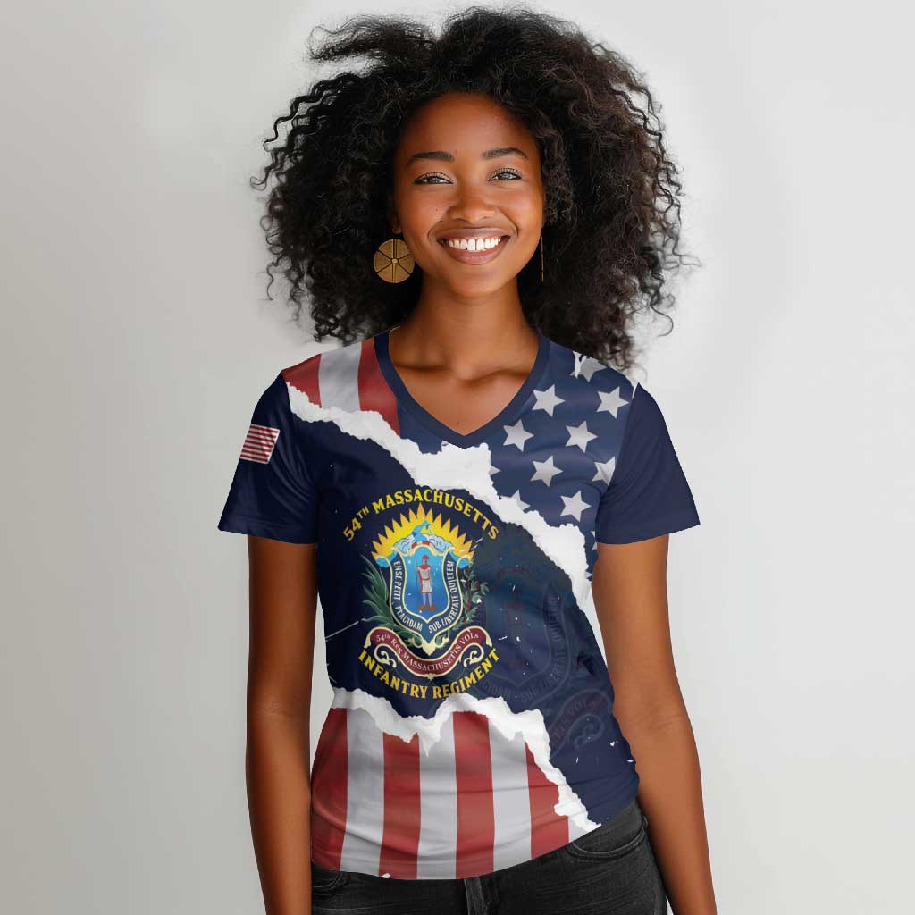 Personalized 54th Massachusetts Infantry Regiment Women V-Neck T-Shirt American Flag Heritage - African Pride