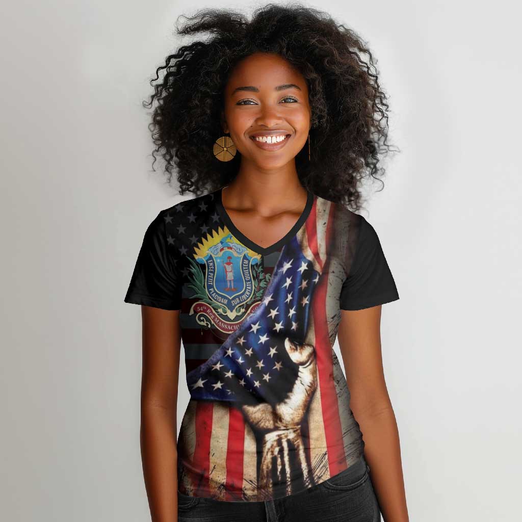 54th Massachusetts Infantry Regiment Women V-Neck T-Shirt Flag of Freedom - African Pride