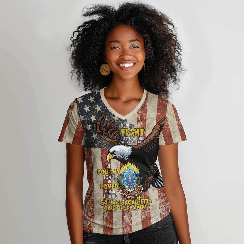 54th Massachusetts Infantry Regiment Women V-Neck T-Shirt American Eagle - African Pride