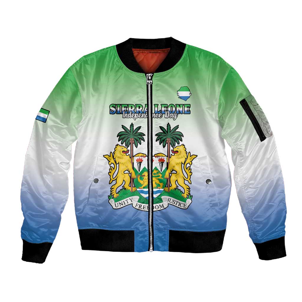Personalised Sierra Leone Independence Day Sleeve Zip Bomber Jacket Coat Of Arms Flag Map