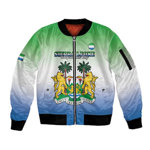 Personalised Sierra Leone Independence Day Sleeve Zip Bomber Jacket Coat Of Arms Flag Map
