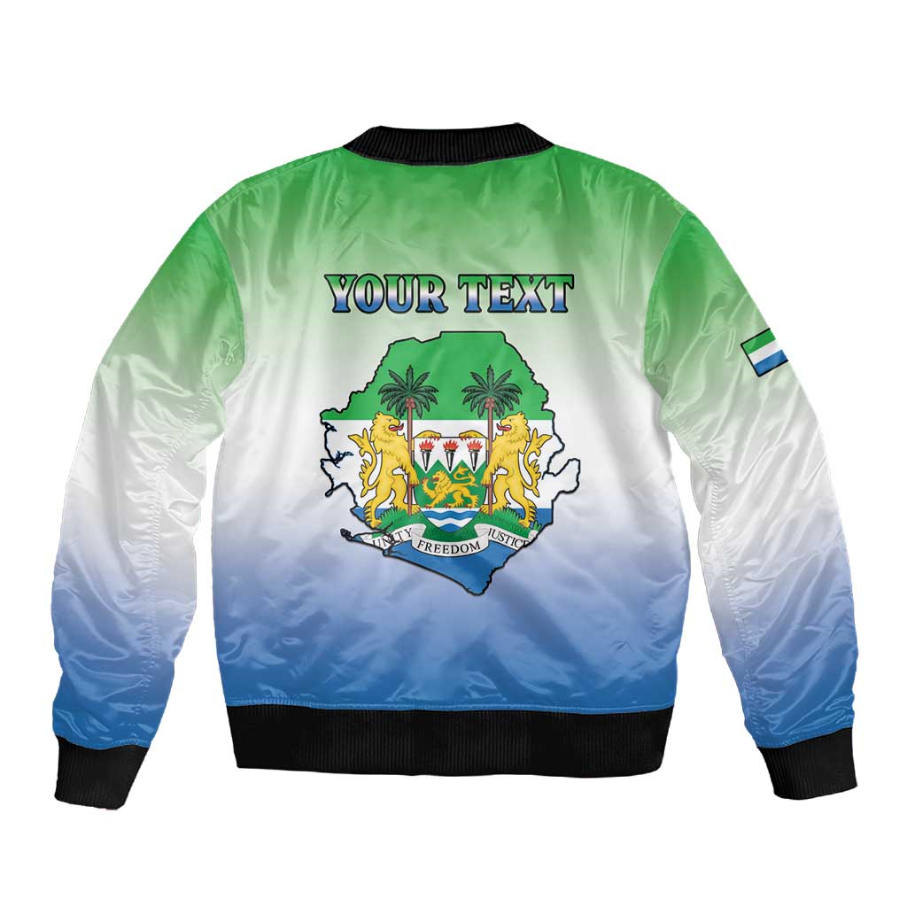 Personalised Sierra Leone Independence Day Sleeve Zip Bomber Jacket Coat Of Arms Flag Map