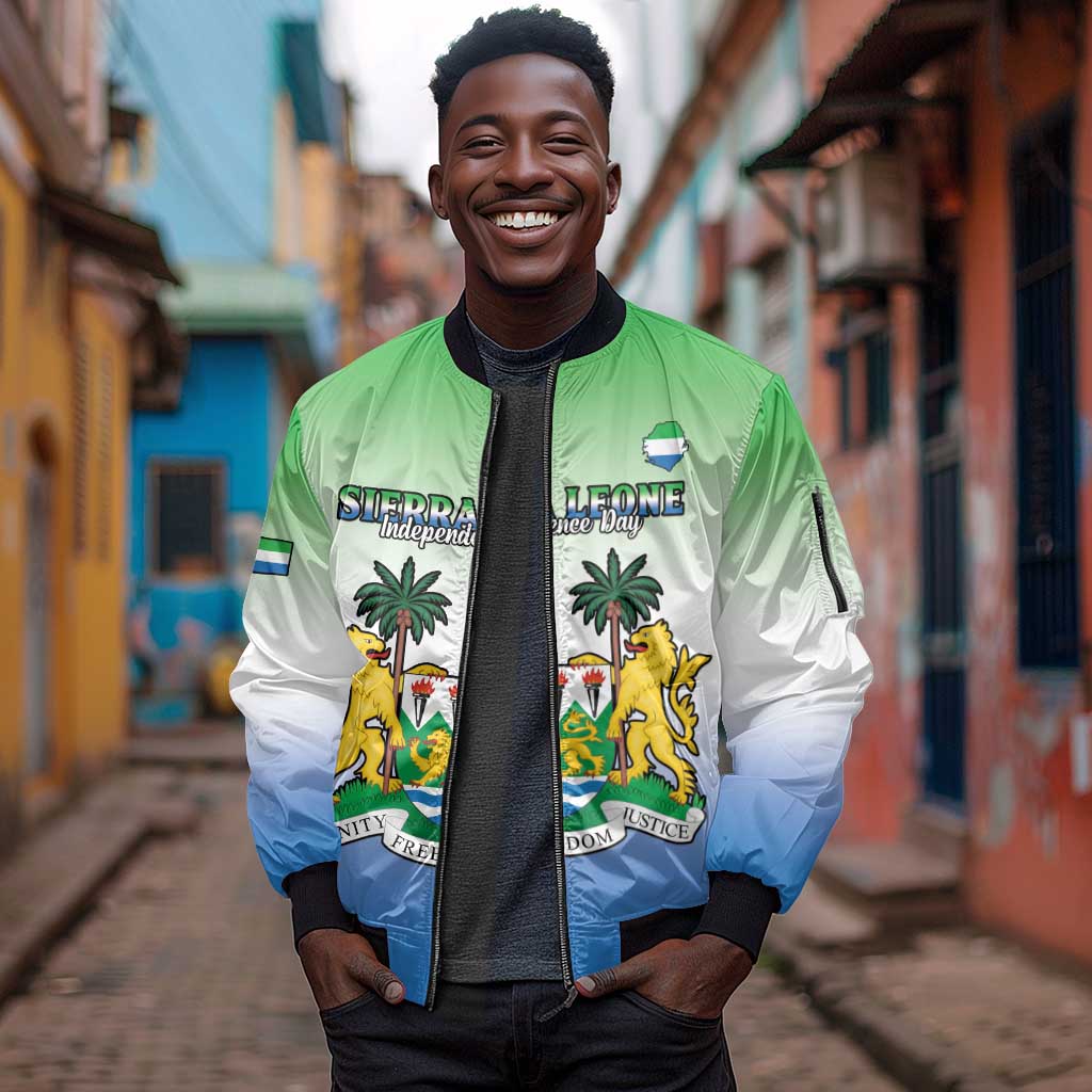 Personalised Sierra Leone Independence Day Sleeve Zip Bomber Jacket Coat Of Arms Flag Map