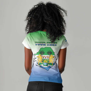 Personalised Sierra Leone Independence Day Women V-Neck T-Shirt Coat Of Arms Flag Map