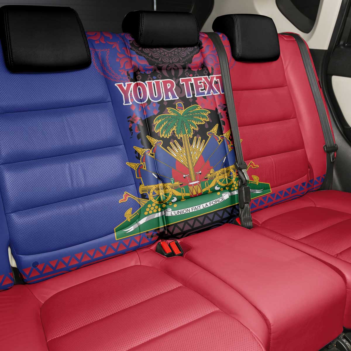 Personalised Haitian Heritage Month Back Car Seat Cover Coat Of Arms With Dashiki Pattern