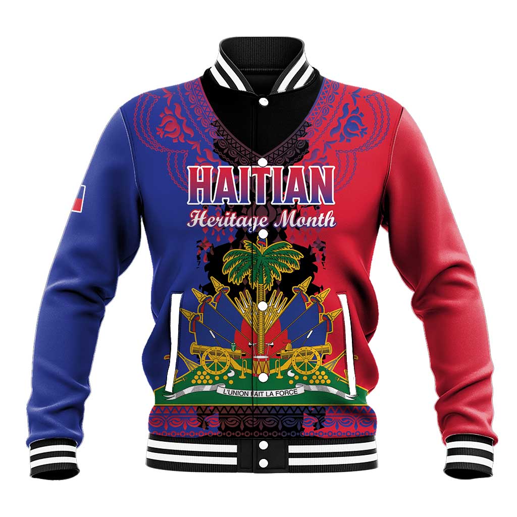 Personalised Haitian Heritage Month Baseball Jacket Coat Of Arms With Dashiki Pattern