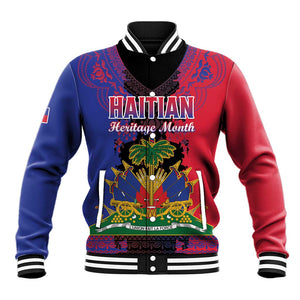 Personalised Haitian Heritage Month Baseball Jacket Coat Of Arms With Dashiki Pattern