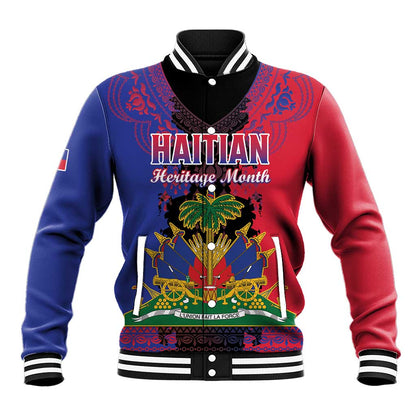 Personalised Haitian Heritage Month Baseball Jacket Coat Of Arms With Dashiki Pattern
